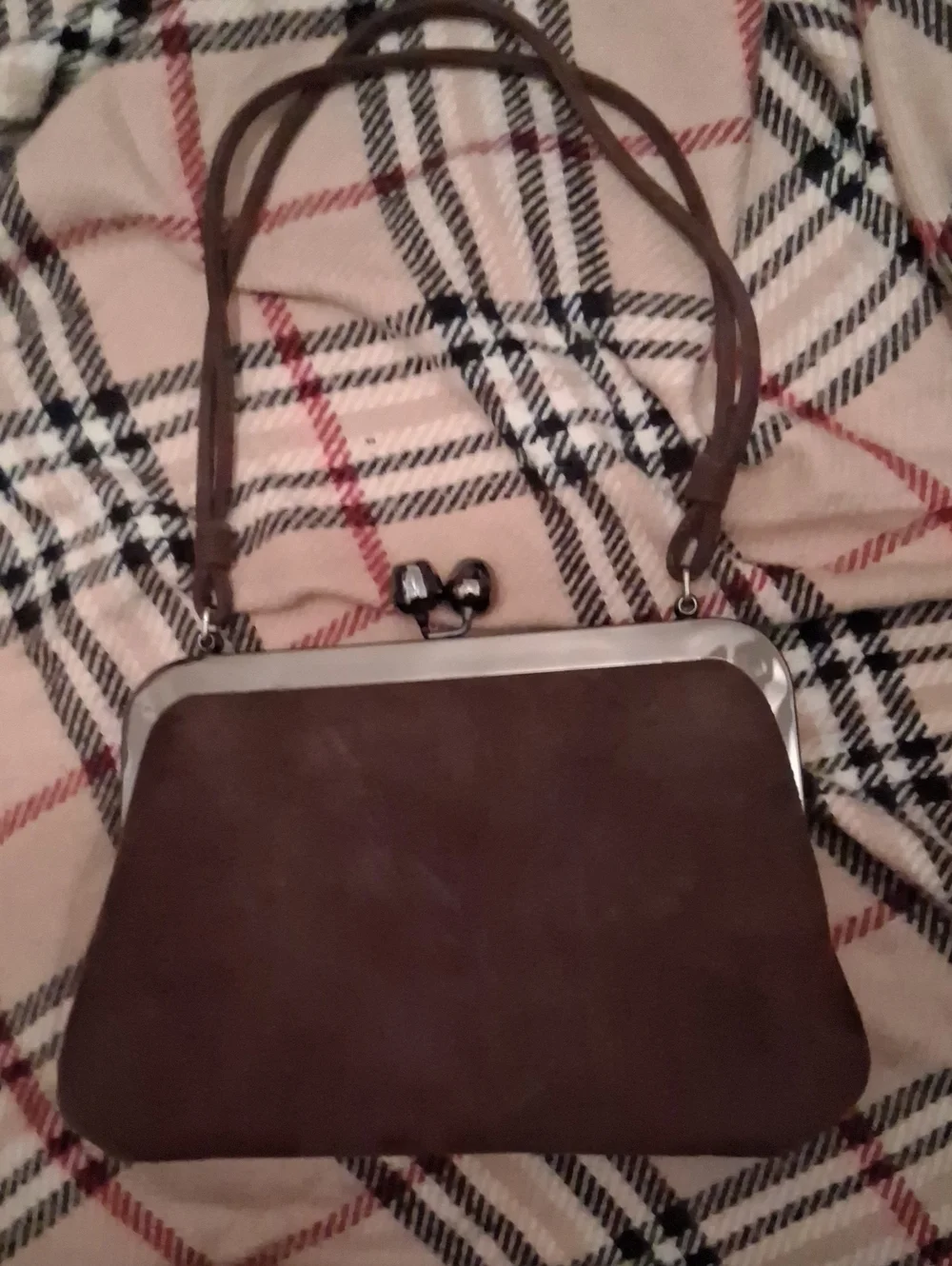 Vintage Chocolate Brown Faux Suede Kiss Lock Frame Purse by Saber 9.5x6.5